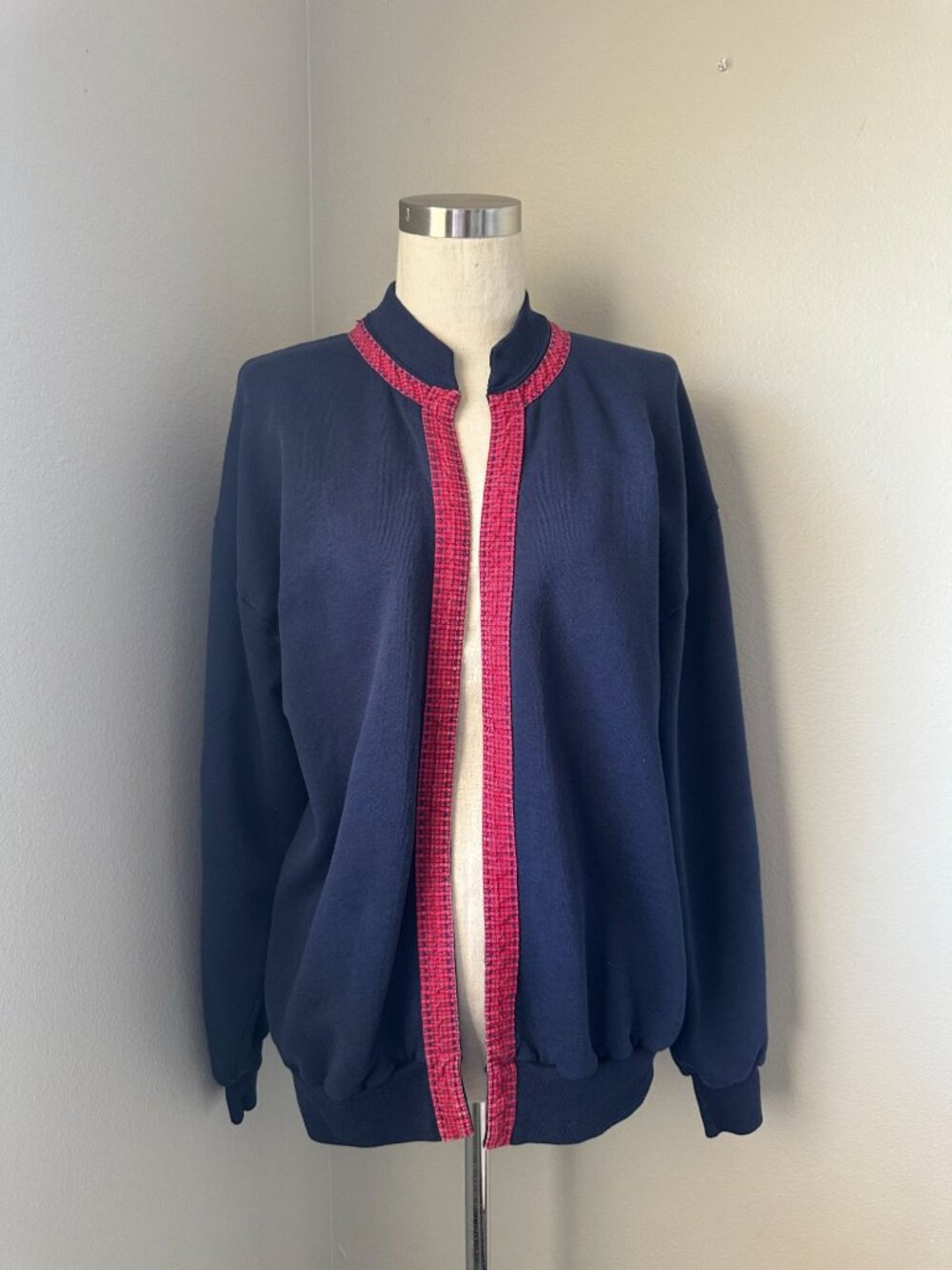 Jerzees Vintage Navy Cardigan Sporty Ribbed Edges Contrasting Piping Tape XL